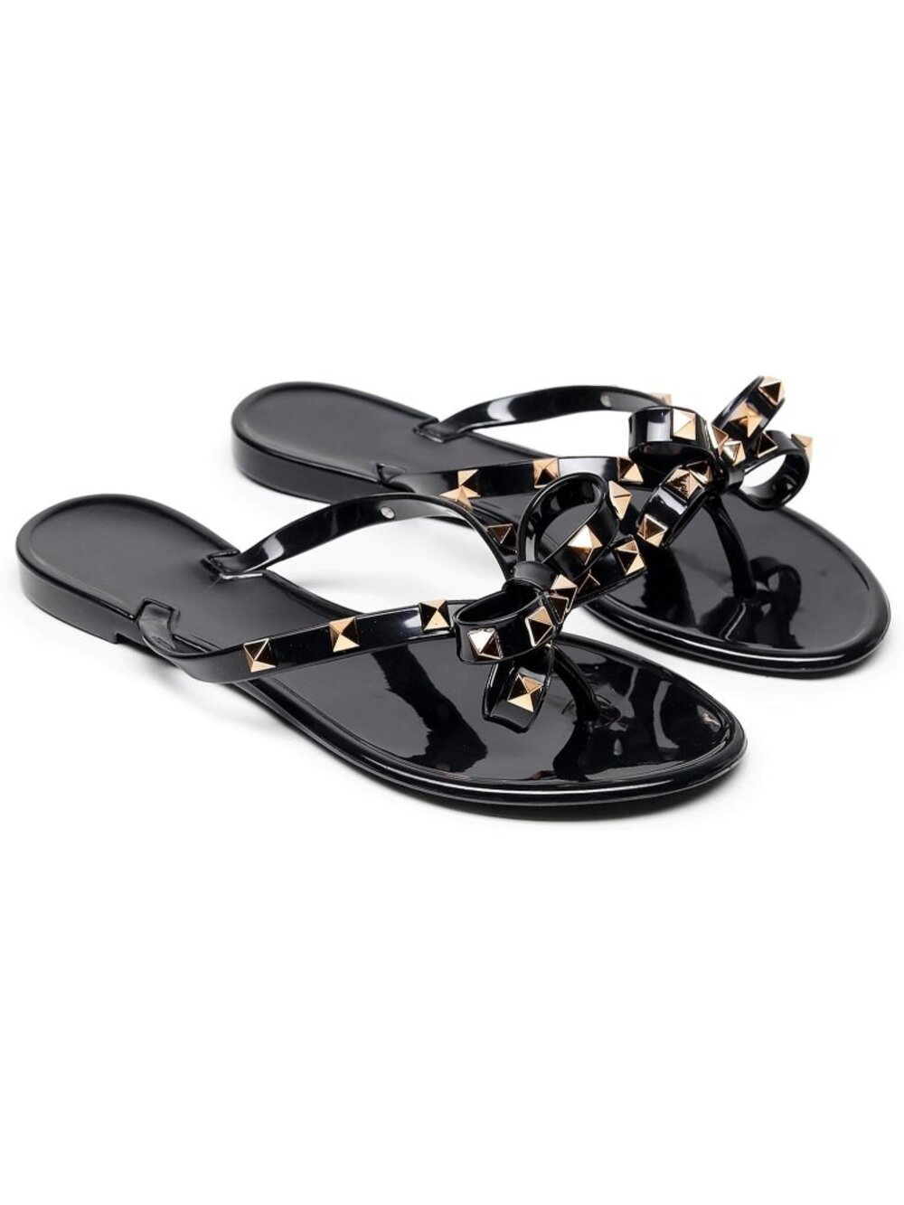 Women's Black Thong Open Toe Jelly Bow Stud Slip On Studded Flat Sandal Shoes